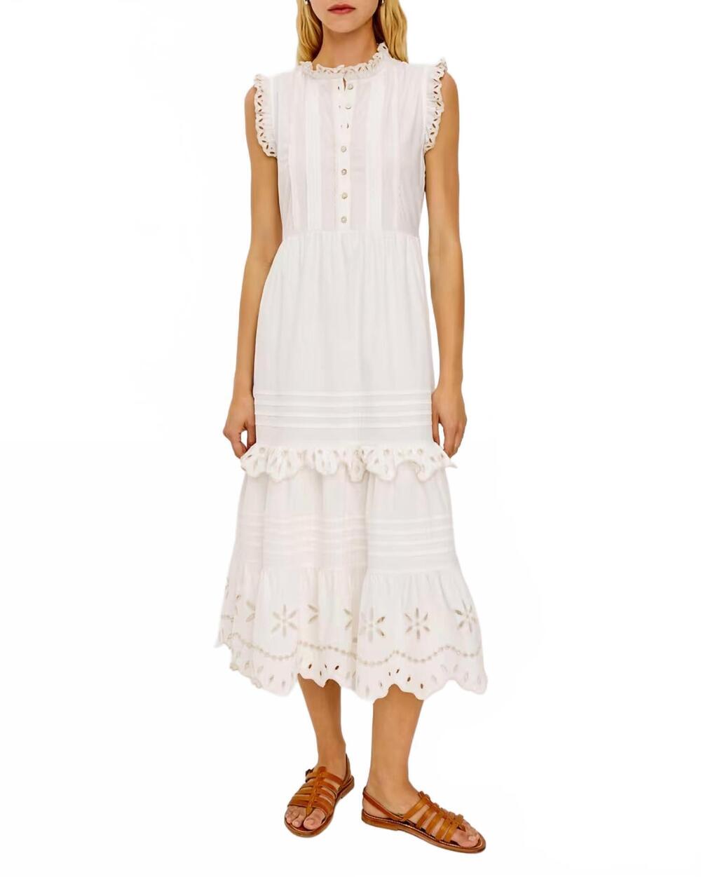 NEW RAILS aubrie ruffled eyelet midi dress in white